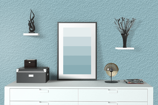 Pretty Photo frame on Dark Sky Blue color drawing room interior textured wall