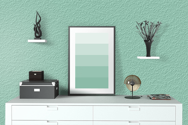 Pretty Photo frame on Sea Foam Green color drawing room interior textured wall