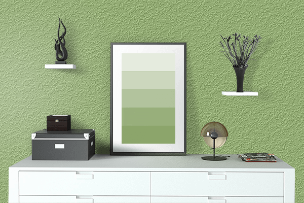 Pretty Photo frame on Olivine color drawing room interior textured wall