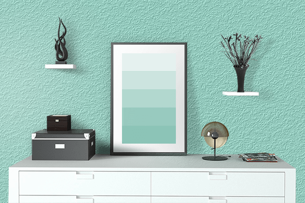 Pretty Photo frame on Pale Robin Egg Blue color drawing room interior textured wall