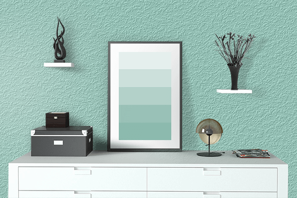 Pretty Photo frame on Pale Robin Egg Blue color drawing room interior textured wall