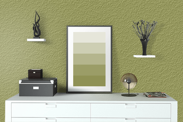 Pretty Photo frame on Moss Green color drawing room interior textured wall