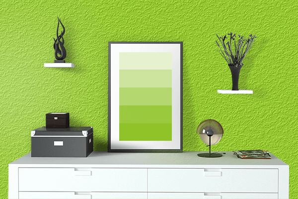 Pretty Photo frame on Vivid Lime Green color drawing room interior textured wall