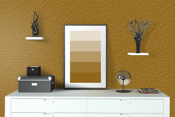 Pretty Photo frame on Gamboge Orange (Brown) color drawing room interior textured wall