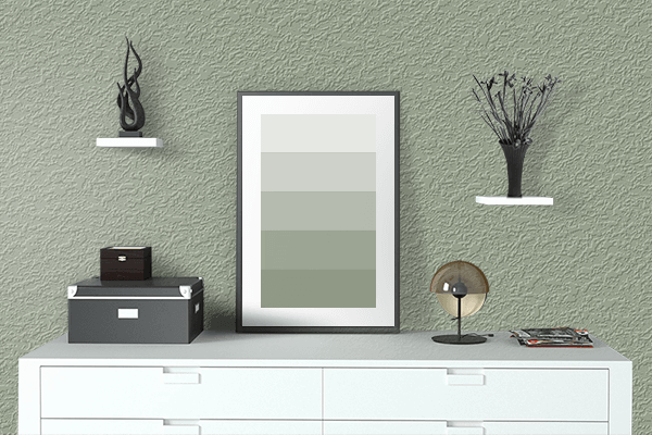 Pretty Photo frame on Laurel Green color drawing room interior textured wall