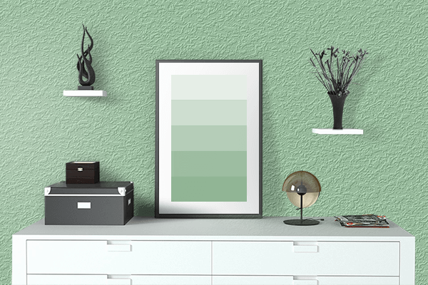 Pretty Photo frame on Turquoise Green color drawing room interior textured wall