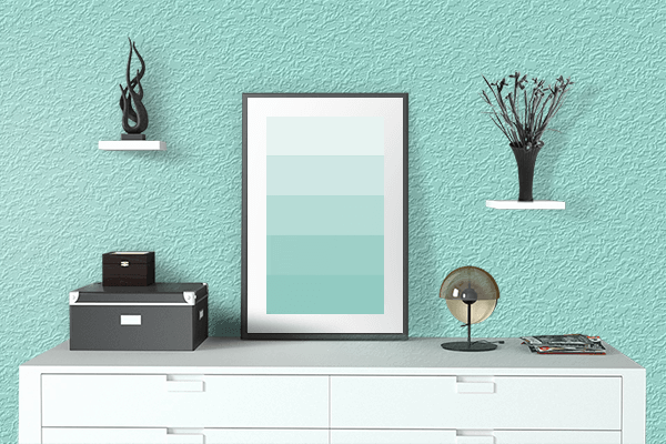 Pretty Photo frame on Pale Blue color drawing room interior textured wall