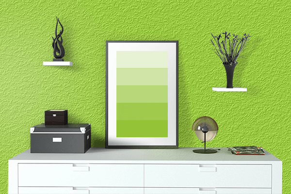 Pretty Photo frame on Green Lizard color drawing room interior textured wall