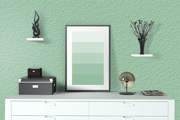 Pretty Photo frame on Turquoise Green color drawing room interior textured wall