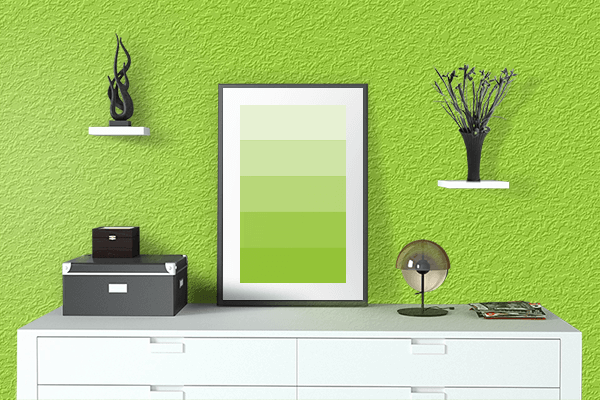 Pretty Photo frame on Green Lizard color drawing room interior textured wall