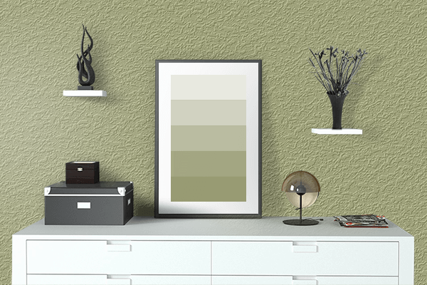 Pretty Photo frame on Misty Moss color drawing room interior textured wall