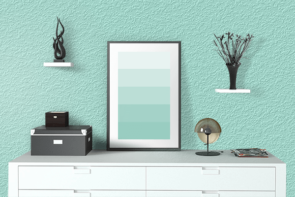 Pretty Photo frame on Pale Blue color drawing room interior textured wall