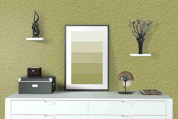 Pretty Photo frame on Olive Green color drawing room interior textured wall