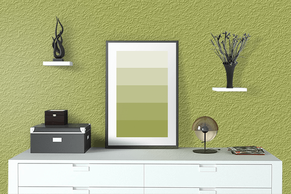 Pretty Photo frame on Olive Green color drawing room interior textured wall