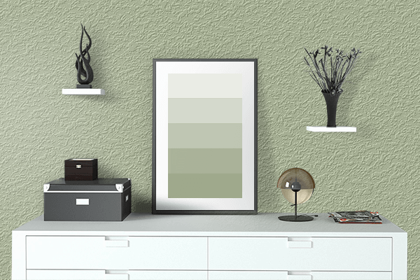 Pretty Photo frame on Laurel Green color drawing room interior textured wall