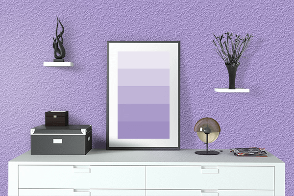 Pretty Photo frame on Bright Lavender color drawing room interior textured wall