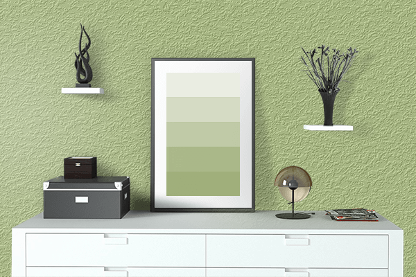 Pretty Photo frame on Sage color drawing room interior textured wall