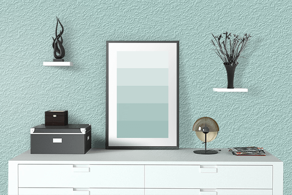 Pretty Photo frame on Powder Blue color drawing room interior textured wall