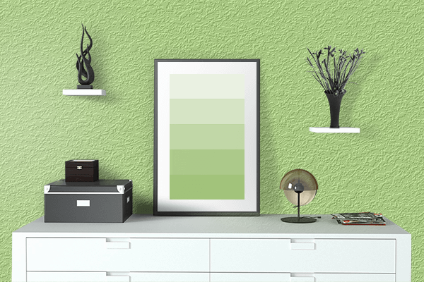 Pretty Photo frame on Yellow-Green (Crayola) color drawing room interior textured wall