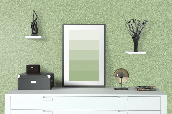 Pretty Photo frame on Light Moss Green color drawing room interior textured wall