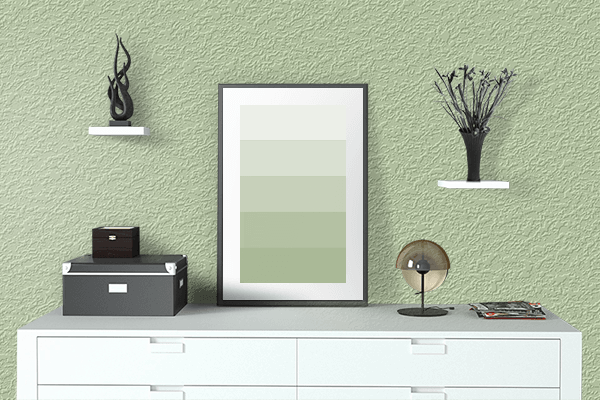 Pretty Photo frame on Light Moss Green color drawing room interior textured wall