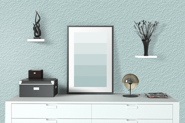 Pretty Photo frame on Columbia Blue color drawing room interior textured wall