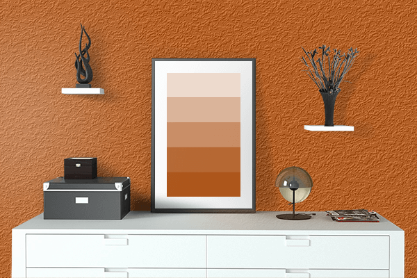 Pretty Photo frame on Burnt Orange color drawing room interior textured wall