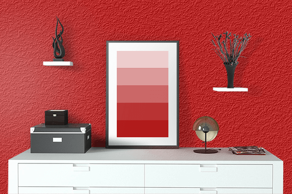 Pretty Photo frame on Boston University Red color drawing room interior textured wall