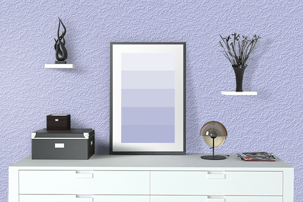 Pretty Photo frame on Lavender Blue color drawing room interior textured wall