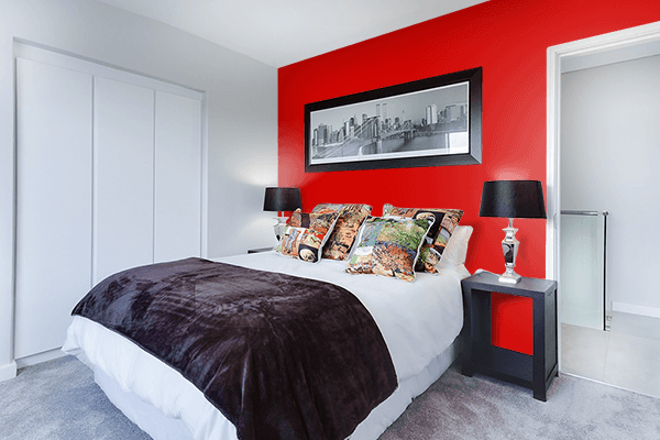 Pretty Photo frame on Rosso Corsa color Bedroom interior wall color