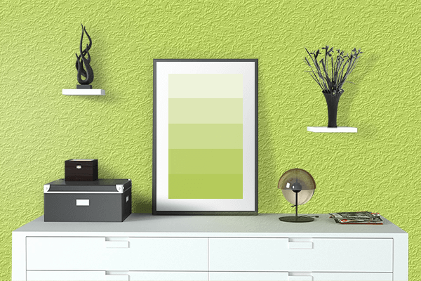 Pretty Photo frame on Maximum Green Yellow color drawing room interior textured wall