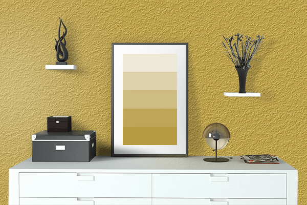 Pretty Photo frame on Gold (Metallic) color drawing room interior textured wall