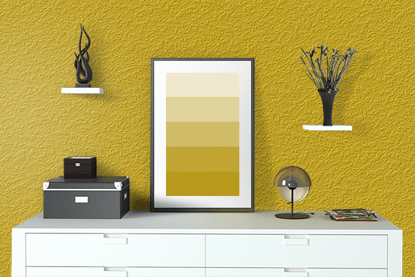 Pretty Photo frame on Mustard Yellow color drawing room interior textured wall