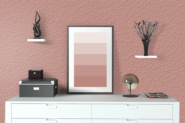 Pretty Photo frame on Ruddy Pink color drawing room interior textured wall