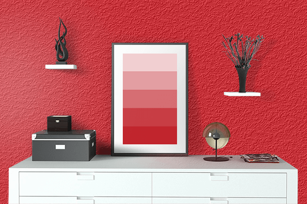 Pretty Photo frame on Cadmium Red color drawing room interior textured wall