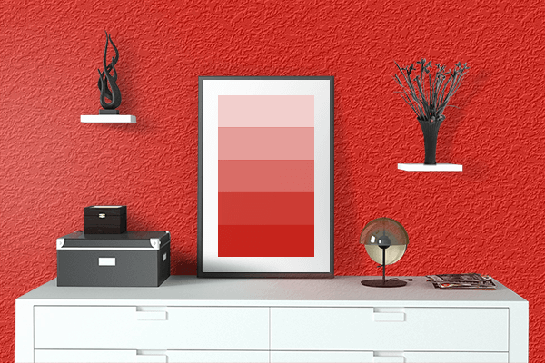 Pretty Photo frame on Electric Red color drawing room interior textured wall