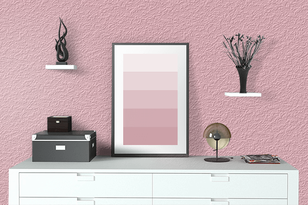 Pretty Photo frame on Spanish Pink color drawing room interior textured wall