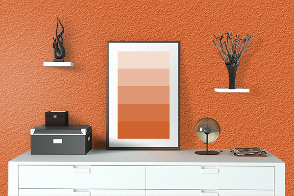 Pretty Photo frame on Giants Orange color drawing room interior textured wall