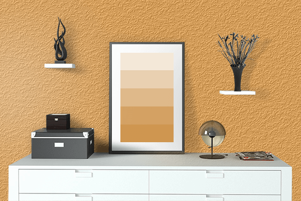Pretty Photo frame on Yellow Orange color drawing room interior textured wall