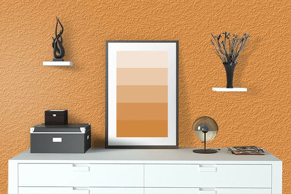 Pretty Photo frame on Deep Saffron color drawing room interior textured wall
