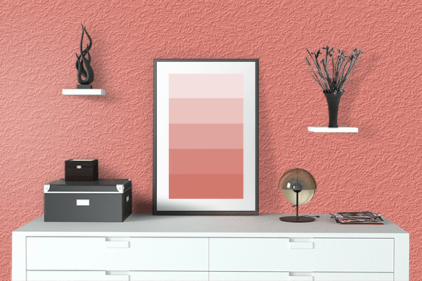 Pretty Photo frame on Salmon color drawing room interior textured wall