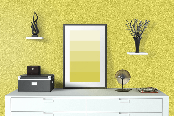 Pretty Photo frame on Lemon Yellow color drawing room interior textured wall