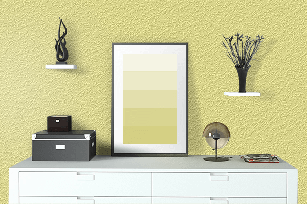 Pretty Photo frame on Pastel Yellow color drawing room interior textured wall