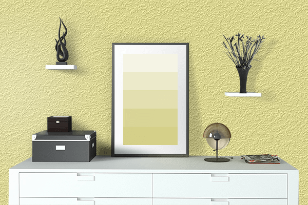 Pretty Photo frame on Pastel Yellow color drawing room interior textured wall