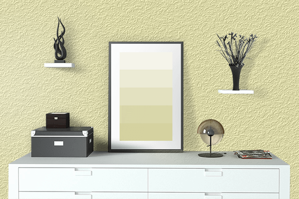 Pretty Photo frame on Very Pale Yellow color drawing room interior textured wall