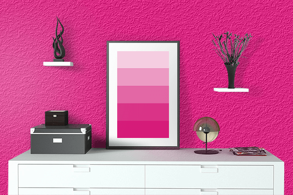 Pretty Photo frame on Bright Pink color drawing room interior textured wall