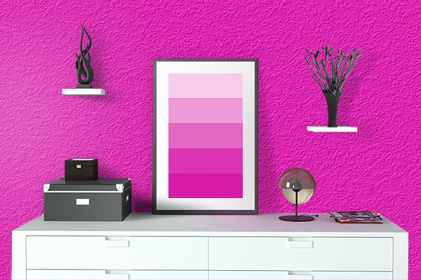 Pretty Photo frame on Shocking Pink color drawing room interior textured wall
