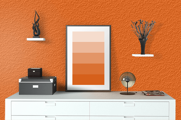 Pretty Photo frame on Vivid Orange color drawing room interior textured wall