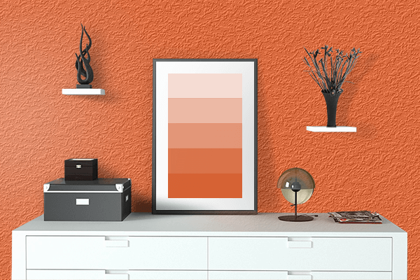 Pretty Photo frame on Orange-Red color drawing room interior textured wall