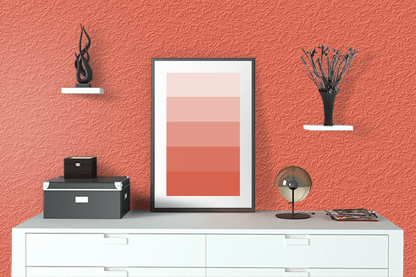 Pretty Photo frame on Tomato color drawing room interior textured wall